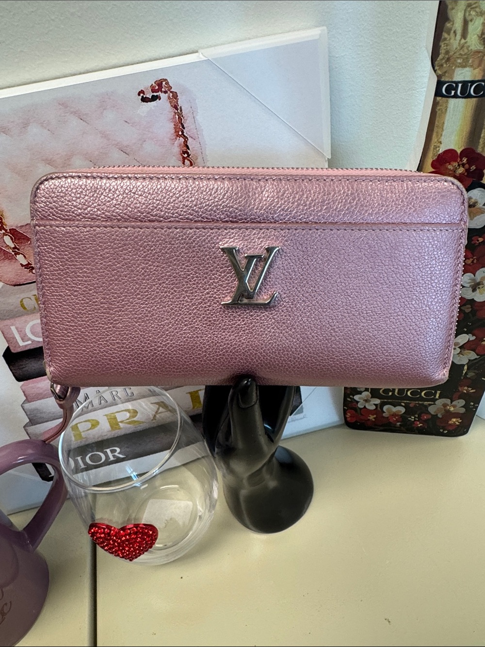 Louis Vuitton Metallic Pink Zip Wallet with Silver LV Emblem